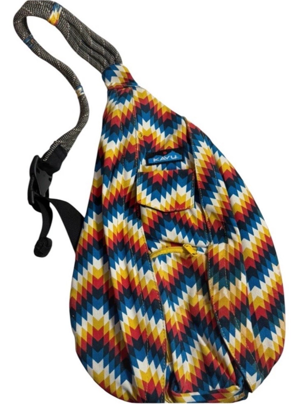 Kavu Multicolor Geometric Chevron Sling Bag in Blue, Red, Yellow, White, Brown